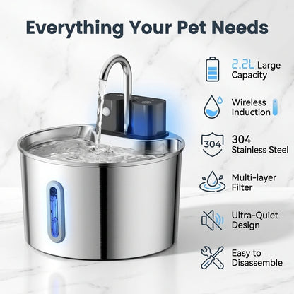 Wireless Cat Water Fountain, Built-in 2000mAh Rechargeable Battery Cat Fountain, 120-Degree Sensor Water Dispenser for Pets